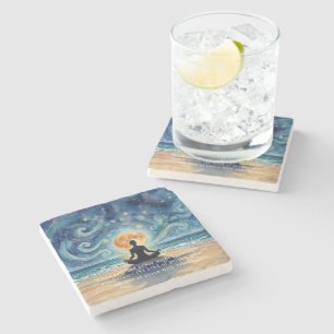 Posavasos De Piedra Yoga Meditación Noche Estrellada Cielo Luna Playa