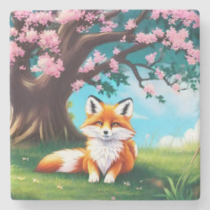 Posavasos De Piedra Zorro Adorable Sentado Bajo El Árbol-68563