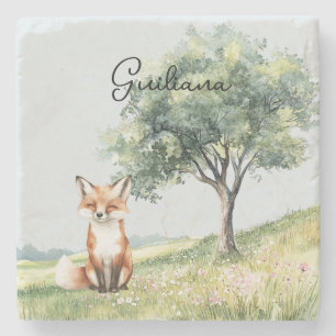 Posavasos De Piedra Zorro Sonriente Adorable Campo de Flores Árbol