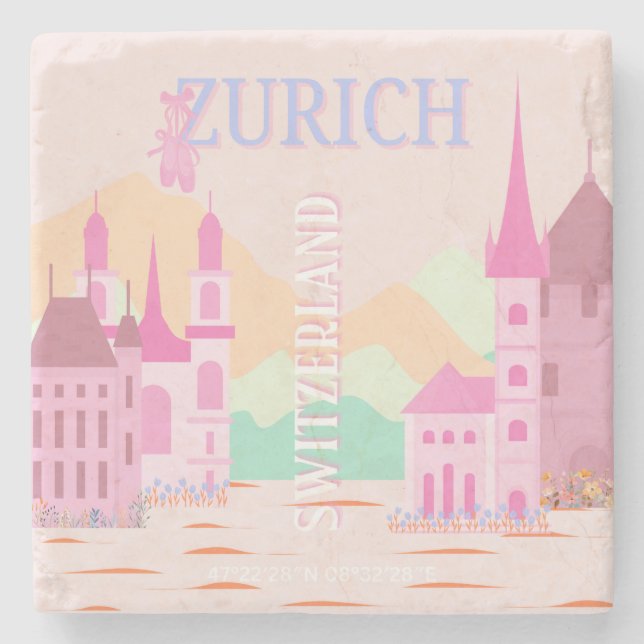 Posavasos De Piedra Zúrich Travel Art, Suiza, Viajes Retro Rosa (Anverso)