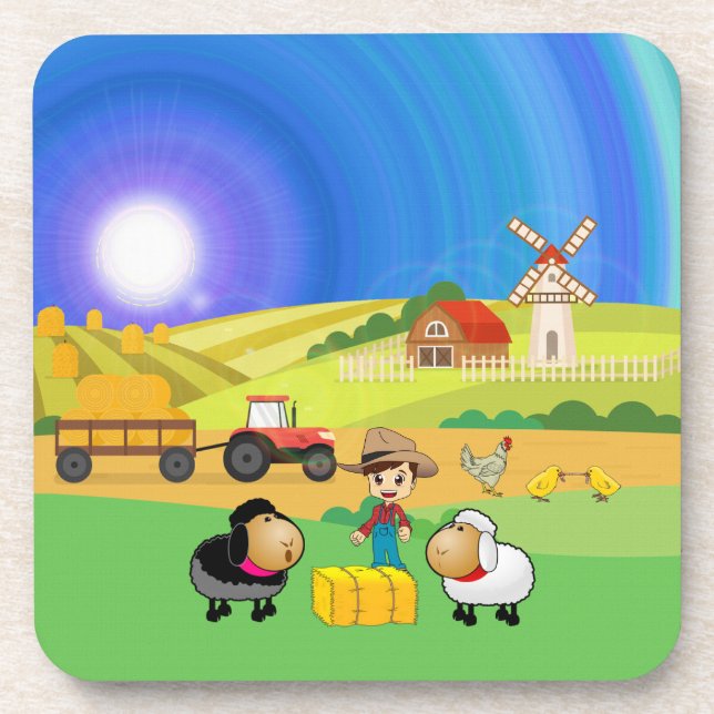 Posavasos de plástico de granja linda, ovejas y po (Frente)