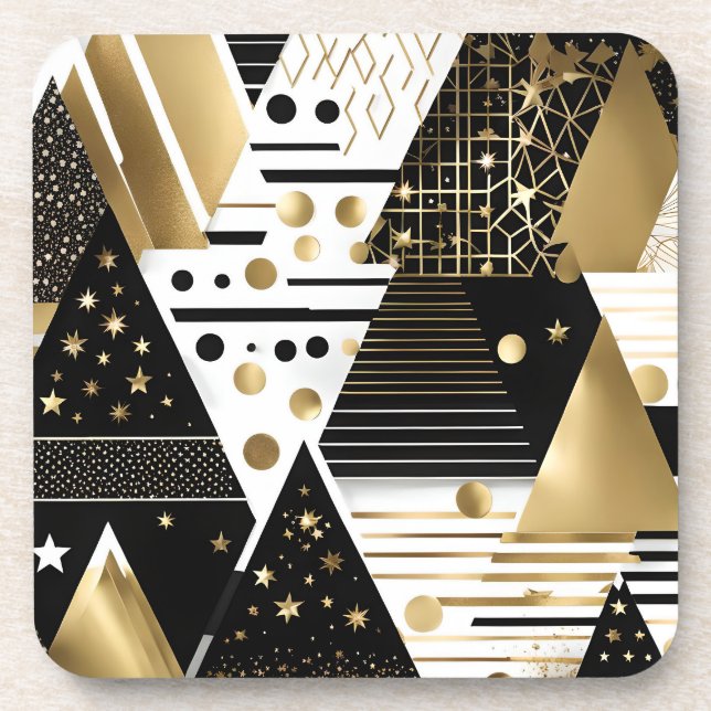 posavasos de triángulos abstractos de oro y negro (Frente)