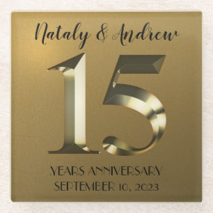 Posavasos De Vidrio 15º aniversario Boda de oro metálico