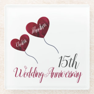 Posavasos De Vidrio 15.º aniversario de bodas globos de corazón rojo