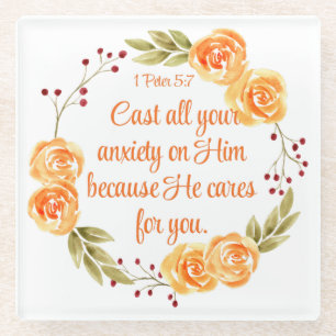 Posavasos De Vidrio 1 Peter 5:7 Escritura de Biblia Floral Naranja