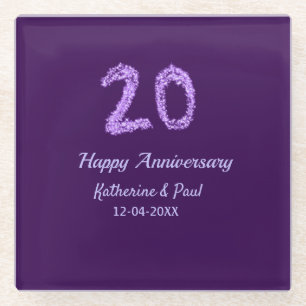 Posavasos De Vidrio 20.º feliz aniversario añada pareja fecha púrpura