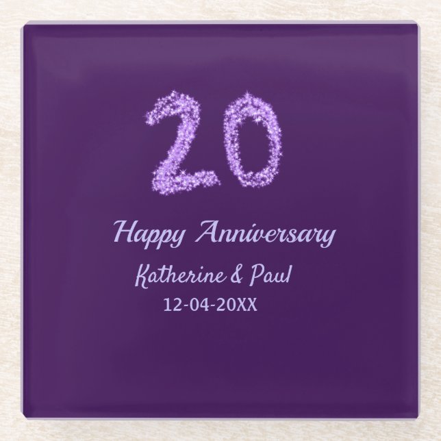 Posavasos De Vidrio 20.º feliz aniversario añada pareja fecha púrpura (Anverso)