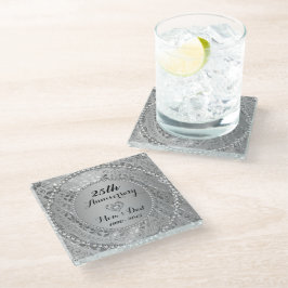 Posavasos De Vidrio 25 Aniversario. Diamantes Y Tonos Plateados