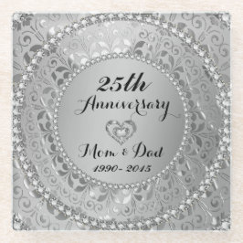 Posavasos De Vidrio 25 Aniversario. Diamantes Y Tonos Plateados