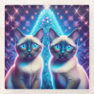 Posavasos De Vidrio 2 Gatitos Siameses Posando Con Árbol De Navidad