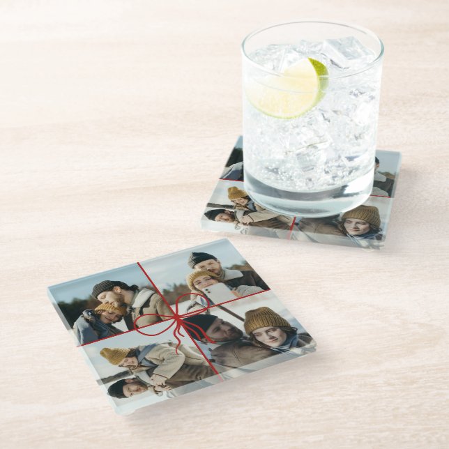 Posavasos De Vidrio 4 Photo Bow Wrap Christmas Newlyweds Modern (Angular)