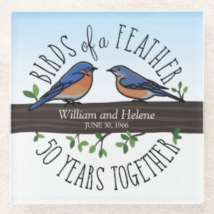 Posavasos De Vidrio 50° aniversario Boda, Aves azules de una pluma
