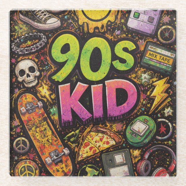 Posavasos De Vidrio 90s Kids Grunge Seamless Pattern: Pizza, Skeletons (Anverso)