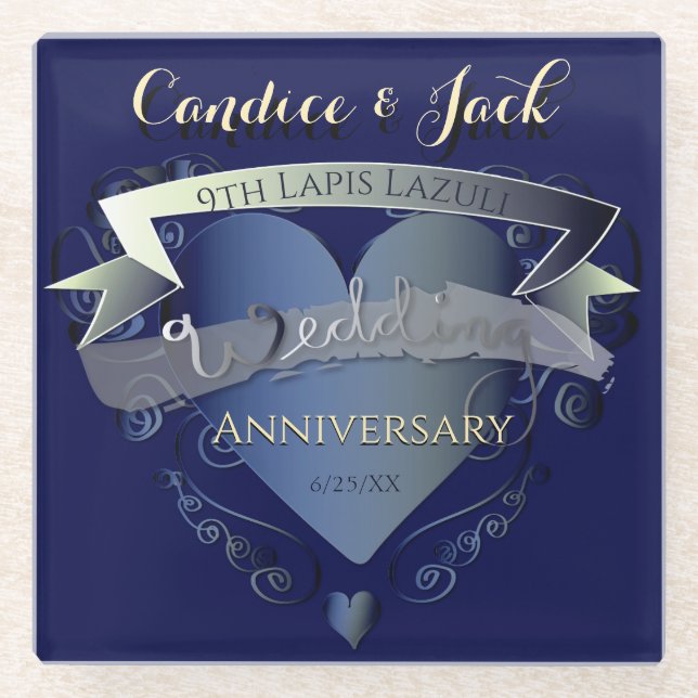 Posavasos De Vidrio 9.º Aniversario Boda Lapis Lazuli (Anverso)