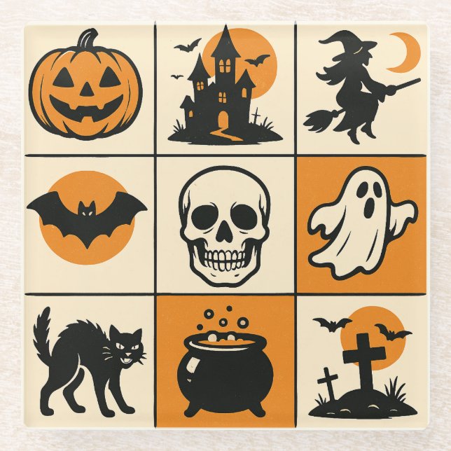 Posavasos De Vidrio A coaster with various Halloween-themed images (Anverso)
