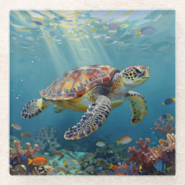 Posavasos De Vidrio A Sea Turtle and Sun Rays in the Ocean Blue
