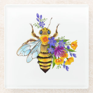 Posavasos De Vidrio Abeja de flor con plantas silvestres