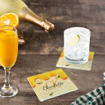 Posavasos De Vidrio Abejas de burbujas panes de miel monograma de gote<br><div class="desc">Fondo amarillo y blanco con un patrón de abeja y abejas sonrientes felices. Decorado con miel dulce y dorada goteando. Personalice y agregue su nombre y sus iniciales de monograma, letras doradas y negras. El nombre se escribe con un guión de estilo con letras a mano. ¡Perfecto para tu casa...</div>