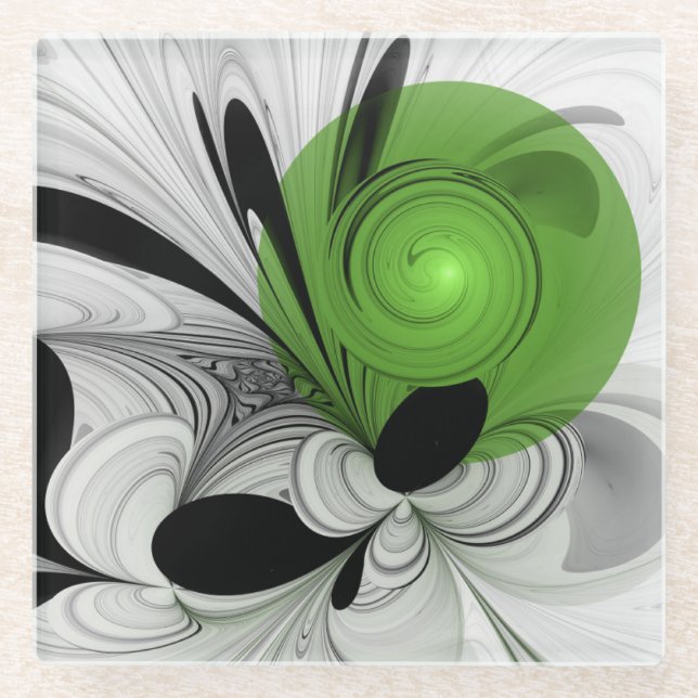 Posavasos De Vidrio Abstract Black and White with Green Fractal Art (Anverso)