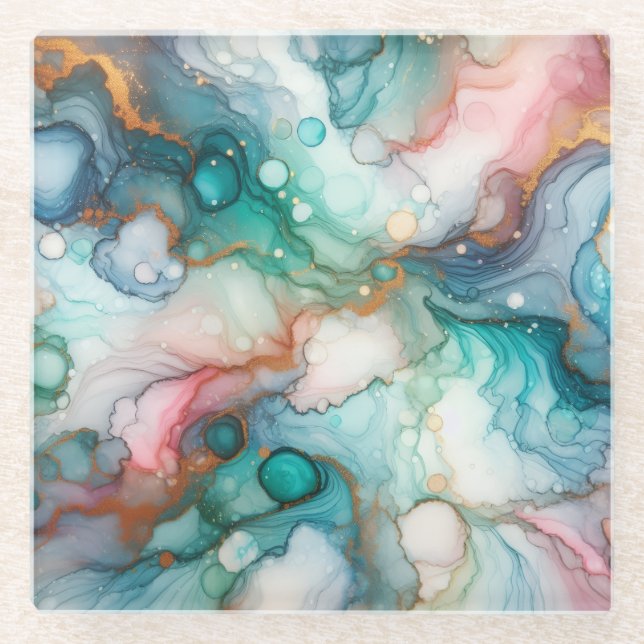 Posavasos De Vidrio Abstract in Pink, Teal, Blue, and Gold (Anverso)