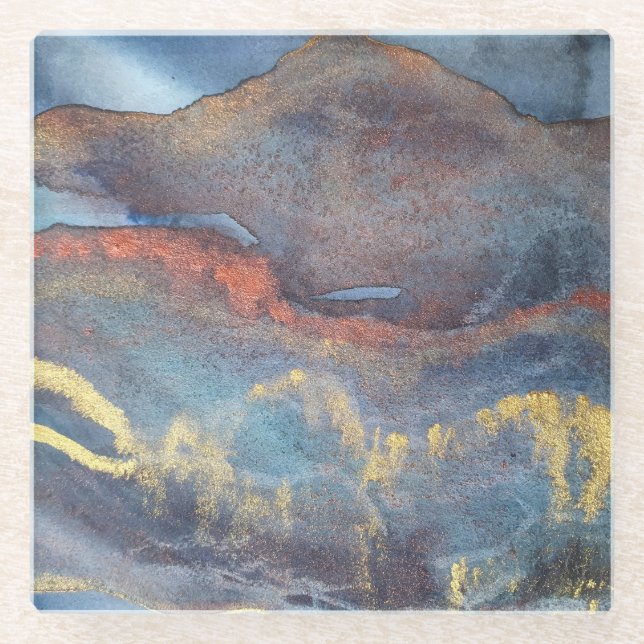 Posavasos De Vidrio Abstract Navy Blue Gold Watercolor Elegante (Anverso)