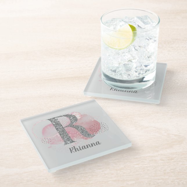 Posavasos De Vidrio Abstracto acuático y letra Purpurina plateada R (Angular)