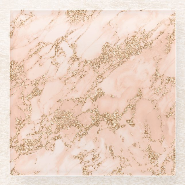 Posavasos De Vidrio abstracto de mármol Rosa purpurina dorado (Anverso)