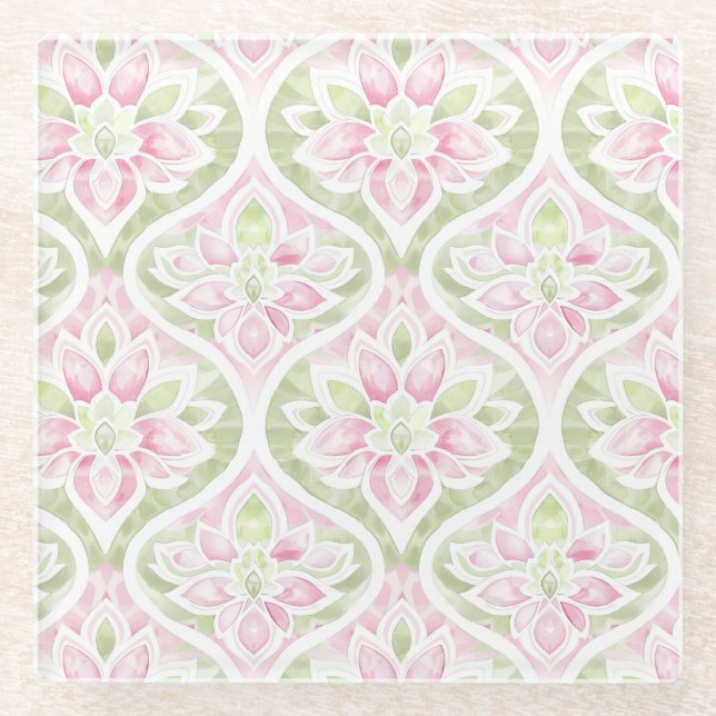Posavasos De Vidrio Abstracto floral verde rosa (Anverso)