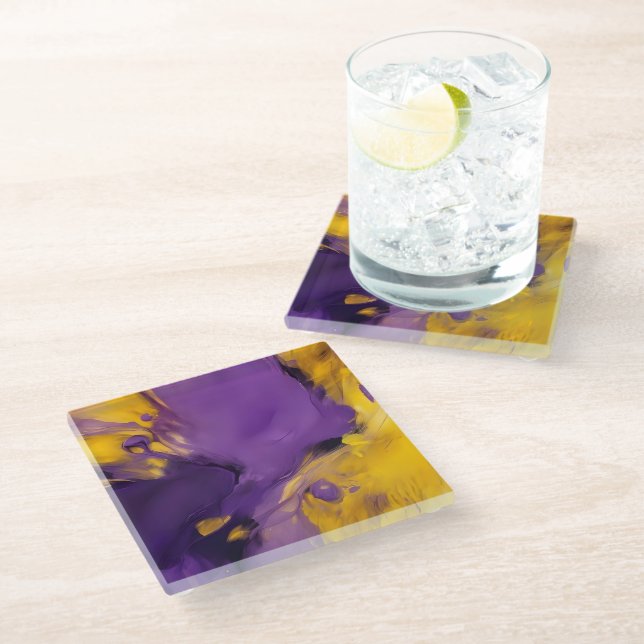 Posavasos De Vidrio Abstracto Morado y Dorado (Angular)