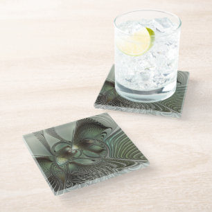Posavasos De Vidrio Abstracto Olive Sage Green Grey Fractal Art Fantas