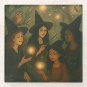 Posavasos De Vidrio Aceite de Halloween pintando brujas en los bosques