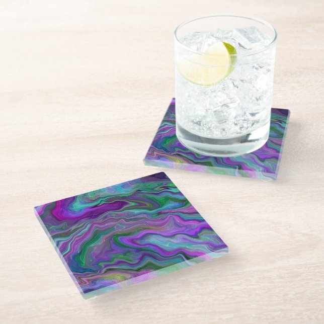 Posavasos De Vidrio Aceite morado, azul y verde (Angular)