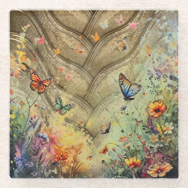Posavasos De Vidrio Acento dorado mariposa jardín arte personalizado (Anverso)