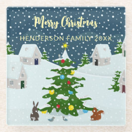 Posavasos De Vidrio Acogedor pueblo de Navidades Retro con nieve