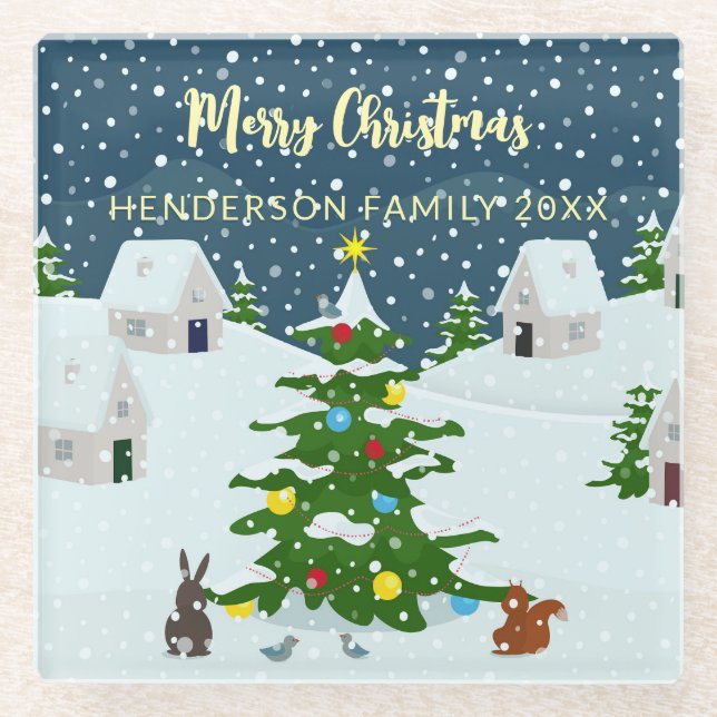 Posavasos De Vidrio Acogedor pueblo de Navidades Retro con nieve (Anverso)