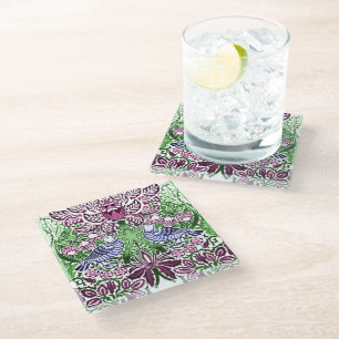 Posavasos De Vidrio Acornados de flores de las aves de arte folclórico