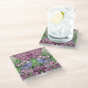 Posavasos De Vidrio Acornados de flores de las aves de arte folclórico