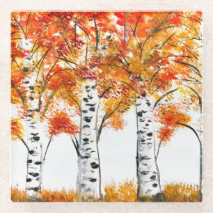 Posavasos De Vidrio Acuarela Abedules Árboles Otoño Hoja naranja