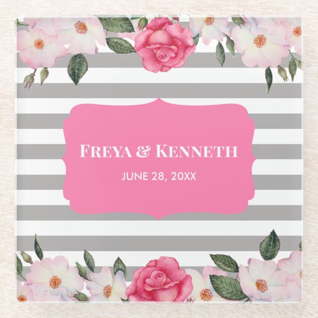 Posavasos De Vidrio Acuarela Boda floral de rosas blancas rosadas suav (Anverso)