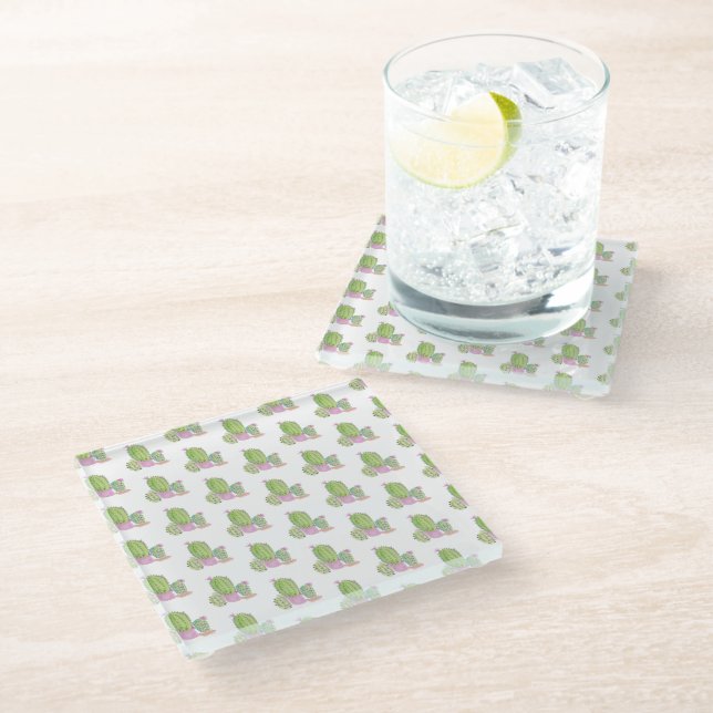 Posavasos De Vidrio Acuarela Cactus Patrón Floral Verde Rosa (Angular)