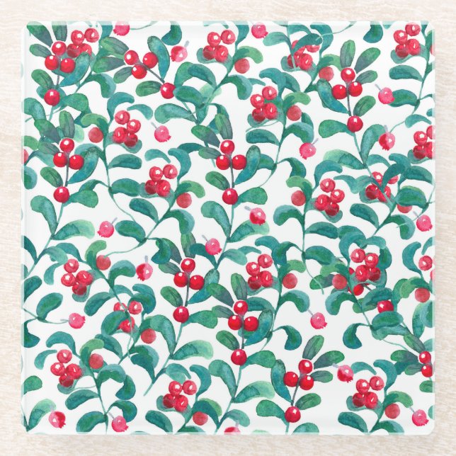 Posavasos De Vidrio Acuarela de bayas silvestres, patrón continuo. (Anverso)