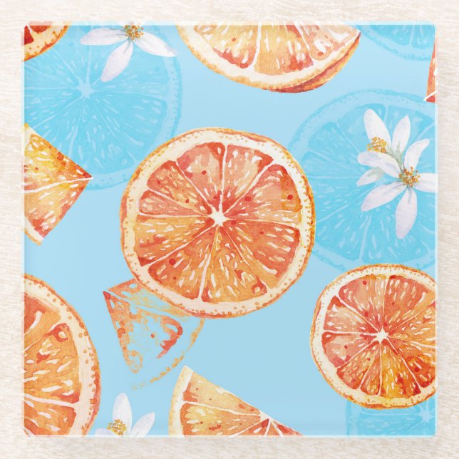 Posavasos De Vidrio Acuarela de mandarinas: tela azul de lujo (Anverso)