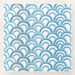 Posavasos De Vidrio Acuarela de olas azules, pintura sin costura.