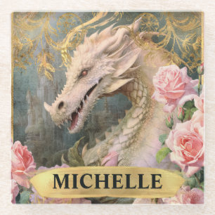 Posavasos De Vidrio Acuarela Dragón Blanco Vintage y Rosas Rosadas