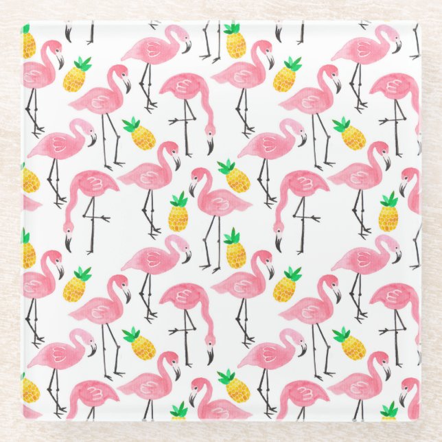 Posavasos De Vidrio Acuarela Flamingo y Piña: Conjunto tropical. (Anverso)