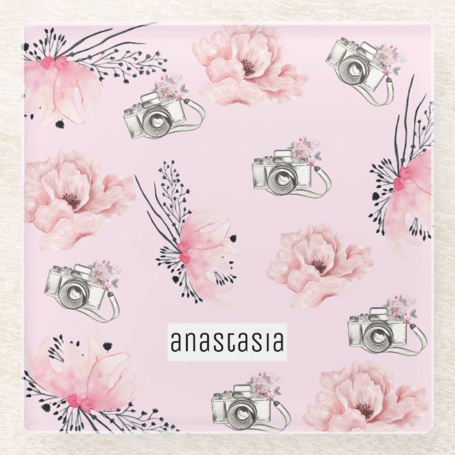 Posavasos De Vidrio acuarela floral personalizada Rosa (Anverso)