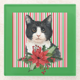 Posavasos De Vidrio Acuarela Gato negro y blanco y Poinsettia