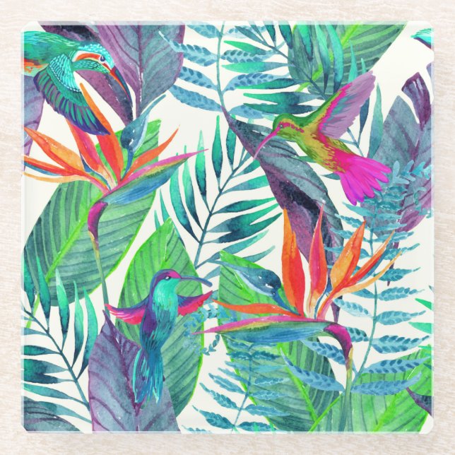 Posavasos De Vidrio Acuarela Humminbirds en la selva 2 (Anverso)
