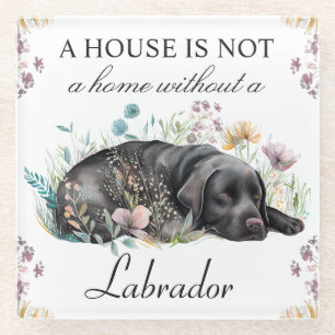 Posavasos De Vidrio Acuarela Labrador negro y flores de verano