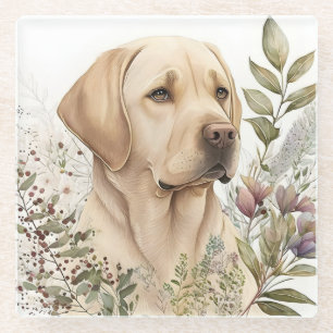 Posavasos De Vidrio Acuarela Labrador Retriever Dorado y Flores